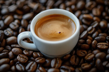 A cup of espresso coffee on a pile of coffee beans, wallpaper with copy space