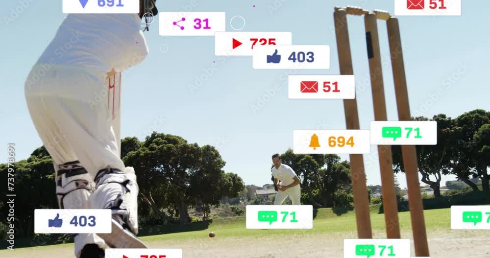 Poster Animation of digital data processing over diverse cricketers on field