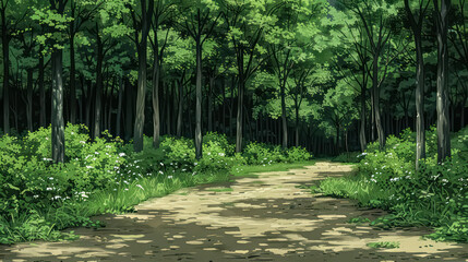 A serene forest scene, featuring towering trees, dappled sunlight, and a winding path background