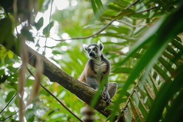 Naklejka premium lemur on branch, lush jungle and canopy overhead