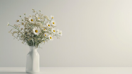 A beautiful bouquet of chamomile daisy flowers arranged in a minimalist and stylish still life...