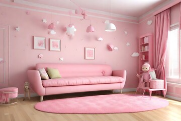 Pink children s room with a sofa 3d image