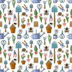 Seamless pattern with garden tools, tulips, flowers in pots, watering cans, scissors, bees.