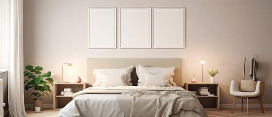Luxurious interior Scandinavian boho style minimalist bedroom with creamy white furniture and rectangular fine art frame mockup hanging vertically on the wall created with Generative AI Technology