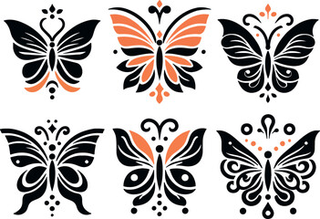 Set of butterflies vector silhouettes for logo, clipart design concept, isolated on a white background