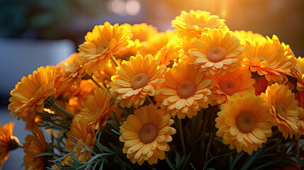 Obraz premium freshly picked yellow daisies flowers glow warmly their petals tinged with golden light as sunlight dances around them with blurry bokeh in the background