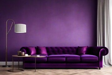 Purple minimal interior with velvet sofa and lamp, the image on wall are my abstract composition