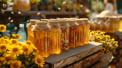 Jars of honey surrounded by flowers.