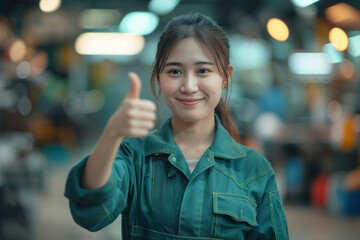 Obraz premium Portrait of a young asian woman mechanic giving thumbs up smiling looking at camera with happy expression and satisfied with car repair service giving thumbs up