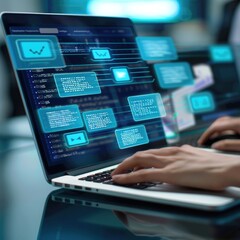 person typing on a laptop. consultant working on laptop computer in office. Software for archiving, searching and managing corporate files.