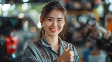 Portrait of a young asian woman mechanic giving thumbs up smiling looking at camera with happy expression and satisfied with car repair service giving thumbs up