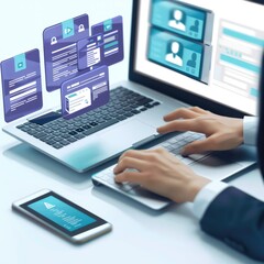 person typing on a laptop. consultant working on laptop computer in office. Software for archiving, searching and managing corporate files.