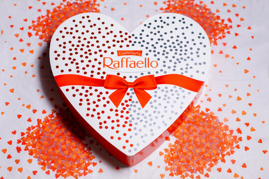 LVIV, UKRAINE - February 14, 2024: Raffaello sweets in heart form. Perfect romantic present.
