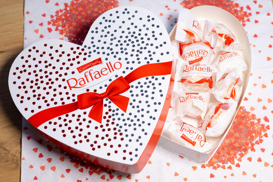 LVIV, UKRAINE - February 14, 2024: Raffaello sweets in heart form. Perfect romantic present.