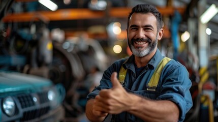 Obraz premium A male mechanic giving thumbs up smiling looking at camera with happy expression and satisfied with car repair service giving thumbs up at tire change shop