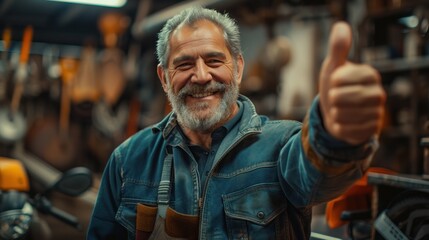 A male mechanic giving thumbs up smiling looking at camera with happy expression and satisfied with car repair service giving thumbs up at tire change shop