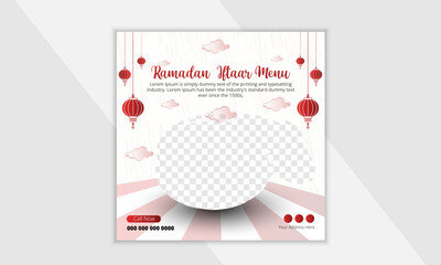 Special ramadan delicious iftar menu sale social media post or banner design template with moon, mosque, lantern and ornamental background.
