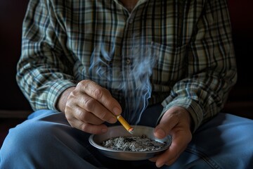 man sitting, ashing a lit cigarette in a steel ashtray