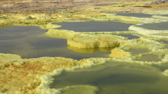 Beauty in nature. Acid lake in the crater of Dallol volcano in the Ethiopian desert. Travel Ethiopia. Lake Dallol with its sulphur springs. Danakil depression desert. Africa. Unique place.
