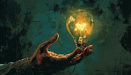 Eureka Moment, Illustrate a eureka moment with an image of arm fingers grasping a light bulb, representing the moment of sudden realization or discovery, AI - obrazy, fototapety, plakaty