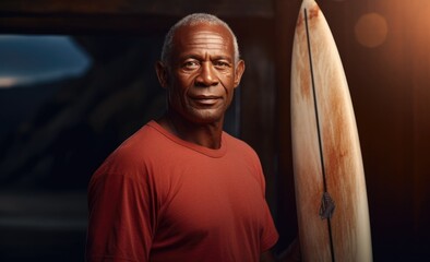 Senior african american man with surfboard at sunset.