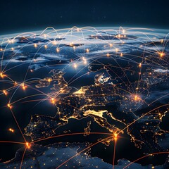 Europe Night Map with Glowing Network Lines