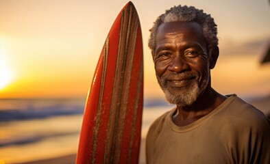 Senior african american man with surfboard at sunset.