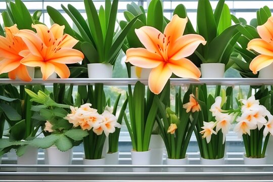 Blooming amarylis lily with peach flowers and buds on the shelves of a greenhouse, flower shop. Indoor ornamental plants.