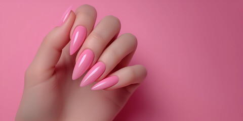 Female hand with pink nail design, Nail Polish. Art Manicure. Modern style pink Nail Design. - obrazy, fototapety, plakaty