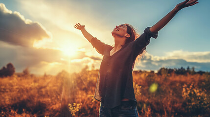 Smiling woman with arms raised in sunset