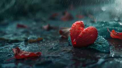 Red heart-shaped object on wet ground during rain, symbolizing love and loss. emotional, moody backdrop. nature and feelings. AI
