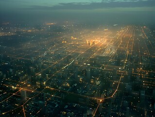 Aerial Cityscape at Night with Illuminated Buildings