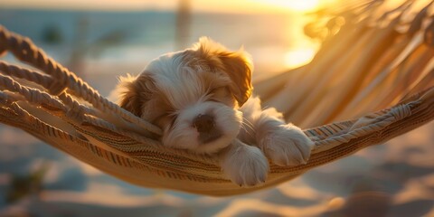 Adorable puppy peacefully dozing on beach hammock as sun sets. Concept Puppy Naptime, Beach Hammock, Sunset Serenity, Cute Canine, Peaceful Pup