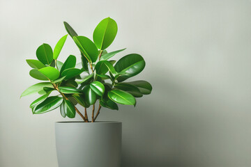 Ficus with beautiful green leaves in a white flower pot against a light wall. Free space for text.
