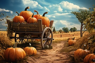 Yellow pumpkin ready to be harvested in the plantation - obrazy, fototapety, plakaty