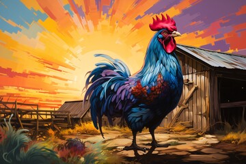 a rooster in front of a barn - obrazy, fototapety, plakaty