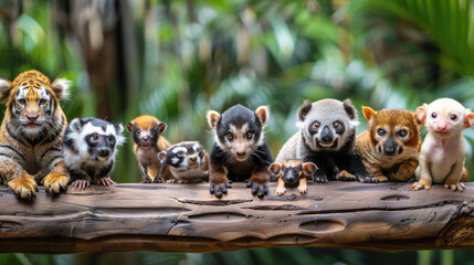 a line up of cute animals leaning on a wooden log with jungle background