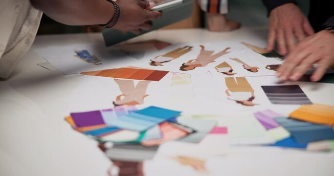 People, hands and color swatches for fashion decision with collaboration for creative, choice or small business. Meeting, design and tablet for manufacturing fabric or online ideas, clothes or sample