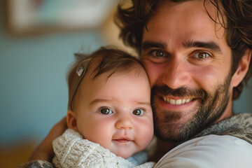 Father's Love: Happy Man Holding Cute Baby Daughter, Smiling Together in a Beautiful White Home
