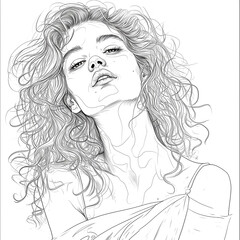 Sketch of a beautiful woman with long curly hair. Vector illustration. Coloring page, coloring book.