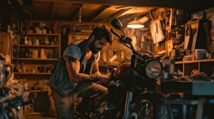 Mechanic changing details of broken motorcycle in his garage