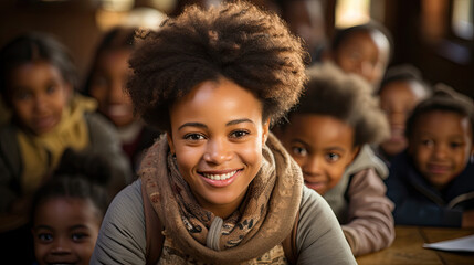 Fototapeta premium Beautiful African woman teacher smiling in classroom with elementary school children in the background