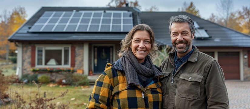 A happy couple stands smiling with solar panels installed