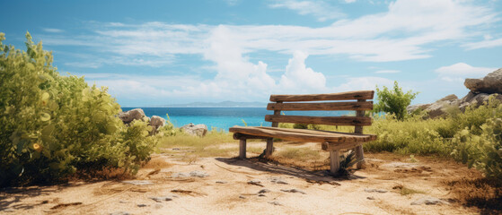 Obraz premium Empty old wooden bench on sandy hills in the middle of the island near the sea with some green trees on a sunny day and bright blue sky