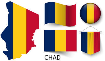 The various patterns of the Chad national flags and the map of Chad's borders