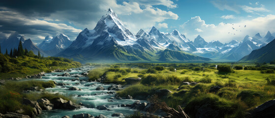 beautiful landscape view of New Zealand natural landscape with rivers, iceberg mountains peaks, trees and beautiful clear blue sky created with Generative AI Technology