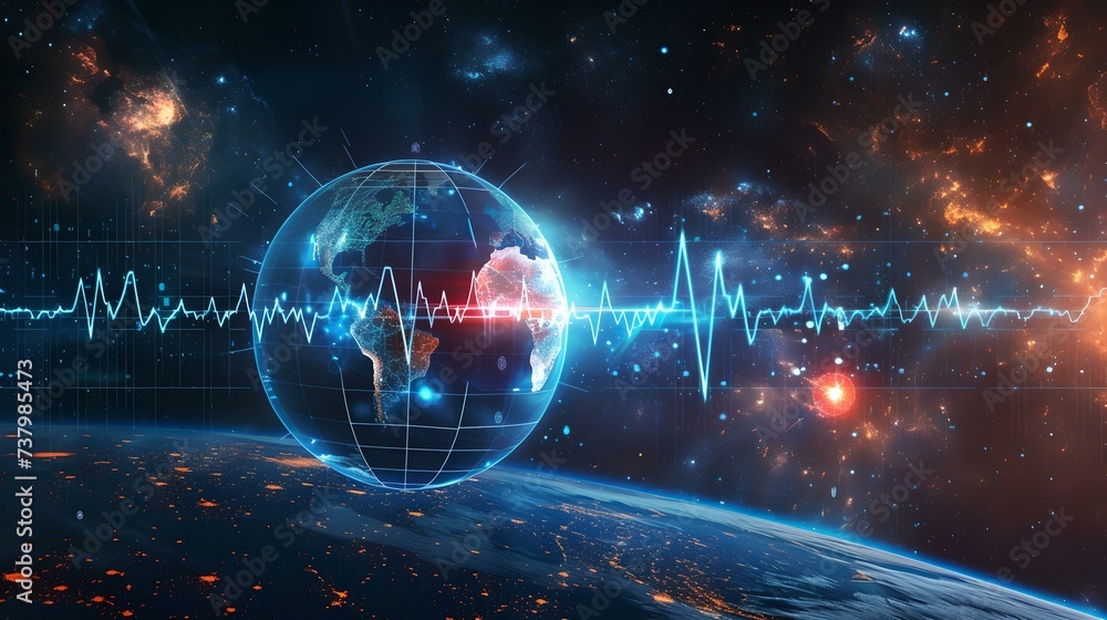 Poster futuristic global pulse and data exchange concept. digital world networking. vibrant space imagery. 
