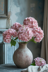 Pink flowers in beautiful vase placed on the desk in front of window background
