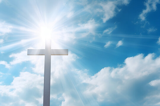 Radiant cross in the sky with clouds, concept of Easter and Good Friday, symbol of faith in Jesus Christ salvation and eternal life, beautiful christian banner, space for text