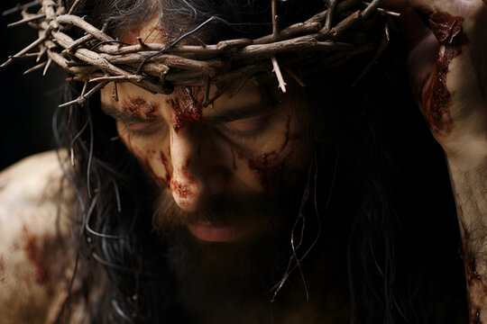 Closeup image of Jesus Christ wearing crown of thorns, injured, suffering and exhausted, religious scene, Good Friday and Easter concept.